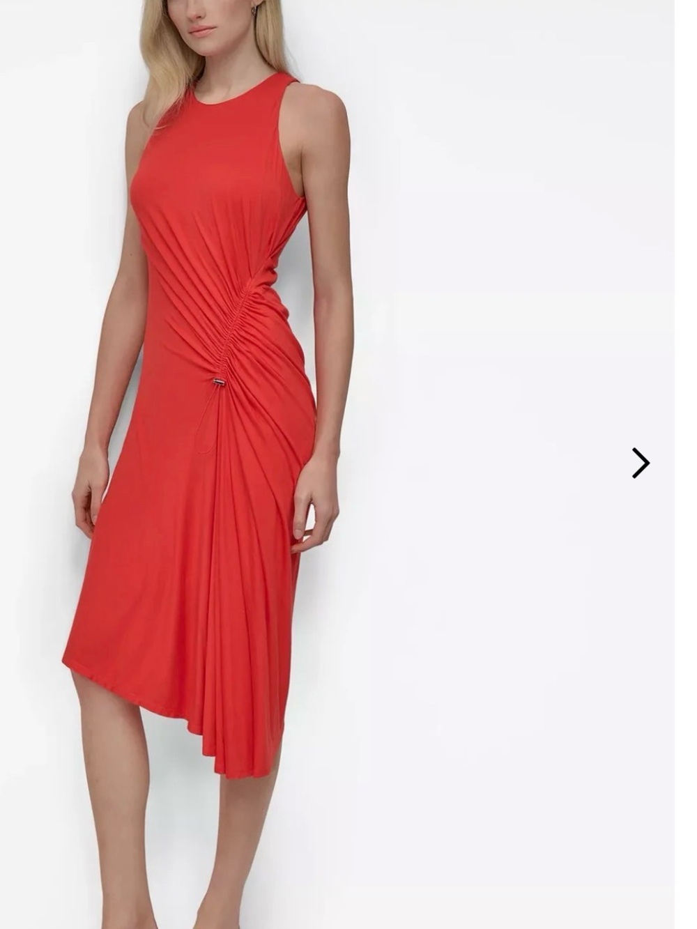 DKNY Sleeveless Red Ruched Midi Dress